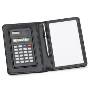 Bloco de Anotações de couro sintético com Calculadora e Caneta